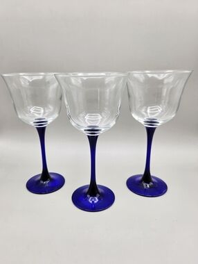 Clear Wine Glasses with Cobalt Blue Stem - Set of 3